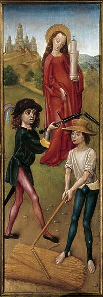 Saint Barbe and two peasants mowing the bles Painting on wood of the Spanish School