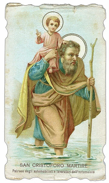 Saint Christopher carrying Jesus. Feast on July 25. Pious image chromolithography, circa 1900