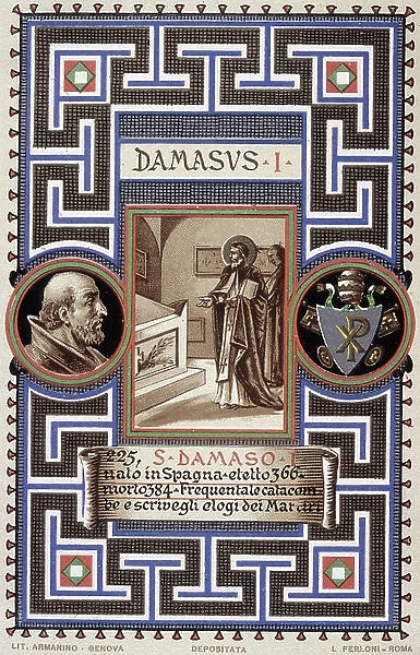 Saint Damascus I (San Damaso I) Pope elected in 366 and died in 384. He has the catacombs restored and search for the tombs of martyrs by having the circumstances of their martyrdom inscribed on each. Pious Image, Chromolithography Rome, 1903