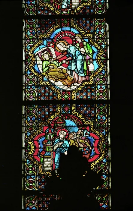 Framed Print : Saint Elisabeth of Thuringia heals the sick. From a window in (stained glass)