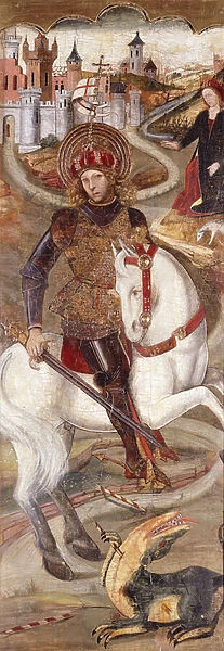 Saint George and the Dragon, (oil on panel, shaped top)
