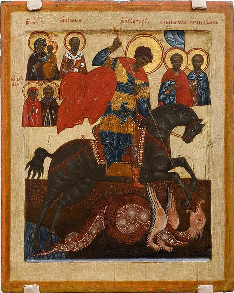 Saint Georges et le dragon, entoure de plusieurs saints - Russian icon