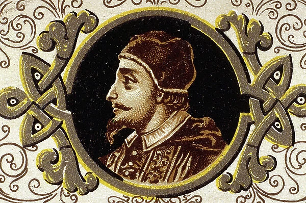Saint Innocent XI (Benedetto Odescalchi known as Innocenzo XI (1611-1689), Pope from 1676 to 1688. Detail of a pious image. Map Chromolithography, Rome, October 1903