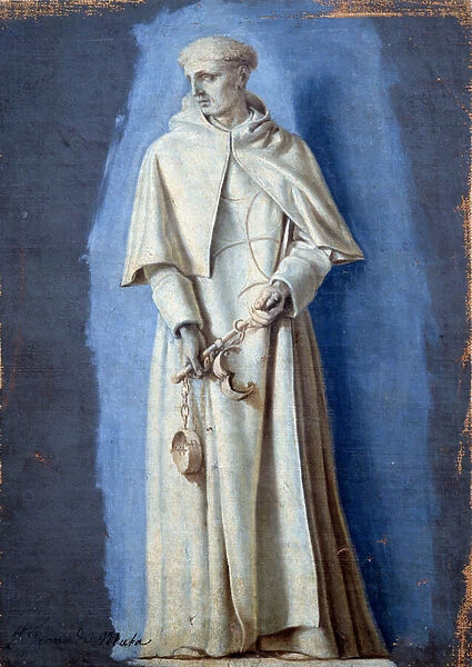 Saint Jean De Matha standing holding chains Painting with camaieu on canvas by Laurent de