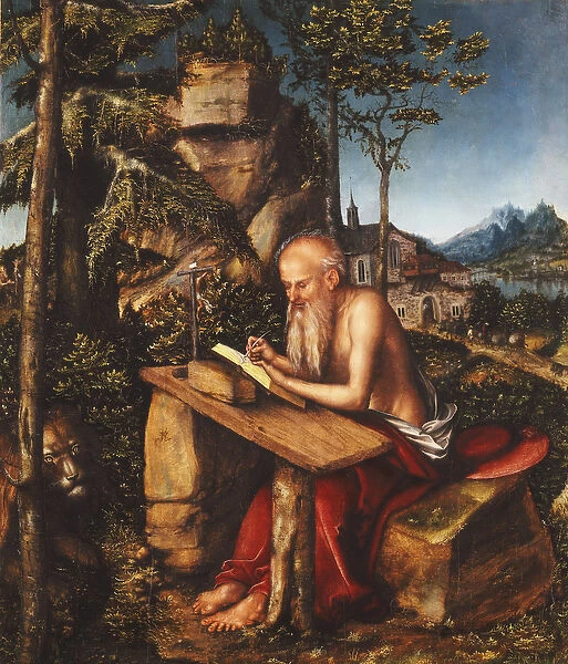 Saint Jerome Writing in a Rocky Landscape, c. 1515 (oil on marouflaged panel)