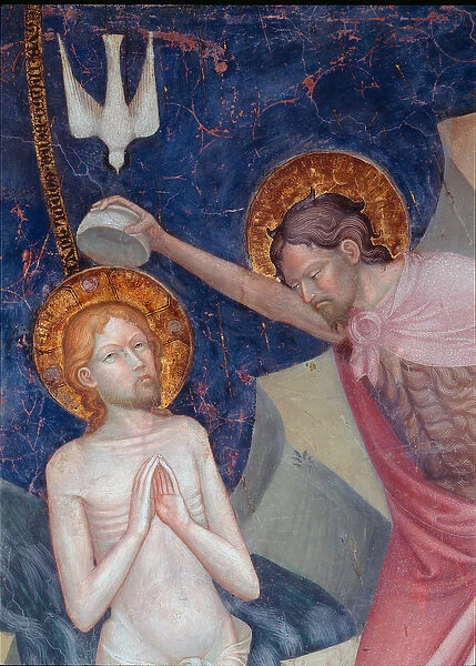 Saint John the Baptist baptizes Christ Detail. Fresco by Lorenzo (circa 1374-1420
