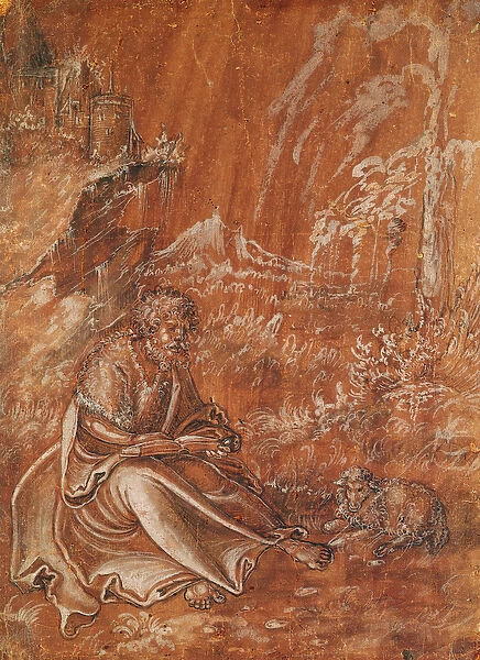 Saint John the Baptist seated in a Mountainous Landscape (ink on paper)