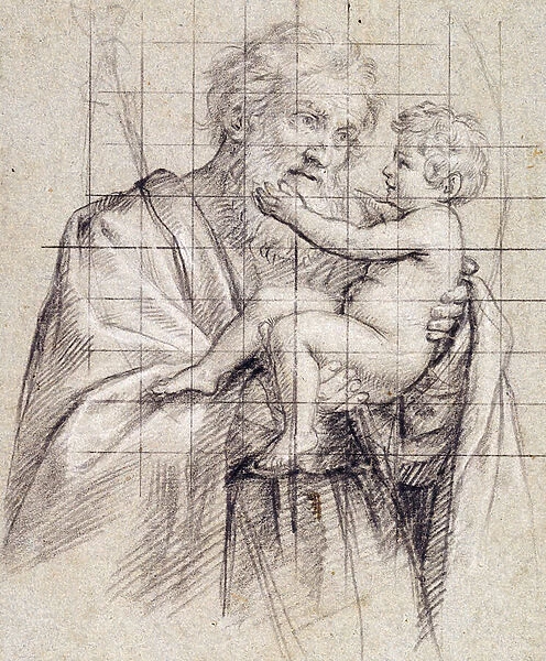 Saint Joseph holding the Christ Child, (black and white chalk on blue-grey paper)