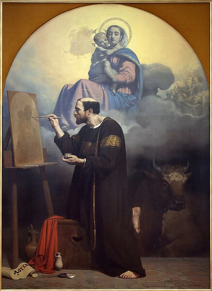 Saint Luke painting the Virgin. Vision of Saint Luke. Painting by Jules Claude Ziegler
