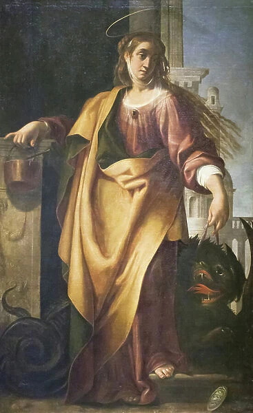 Saint Martha and the Tamed Dragon (oil on panel)