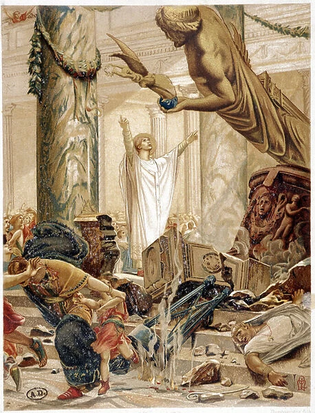 Saint Martin defecting the idols of paganism, from ap. painting by Merson, 19th century