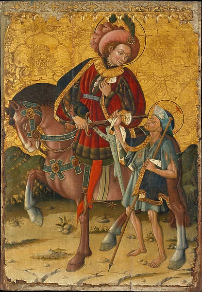 Saint Martin de Tours (ou Le Misericordieux) (316-397), coupant son manteau pour le partager avec un pauvre - Peinture de Blasco de Granen (?-1459), tempera sur bois (153, 5x106 cm), vers 1440 - Saint Martin Sharing his Cloak