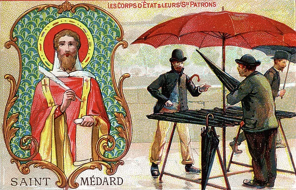 Saint Medard, Patron Saint of Umbrella Sellers, c. 1910 (colour litho)