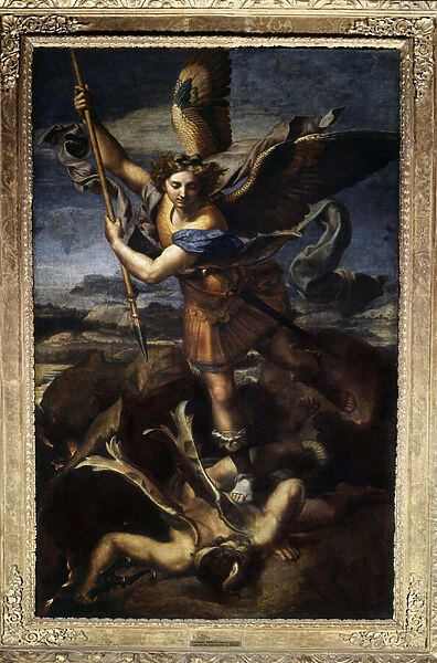 Saint Michael defeating the dragon or the great Saint Michael Painting by Raffaello