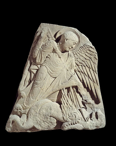 Saint Michel defeating the dragon Bas relief from the buildings of the Benedictine Abbey