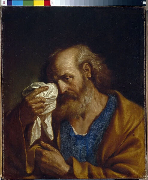 Saint Pierre l apotre (Peter The Apostle). Portrait du disciple de Jesus essuyant les larmes qui coulent sur son visage. Peinture de Giovanni Francesco Barbieri, dit Guercino (Le Guerchin) (1591-1666), huile sur toile, 17e siecle