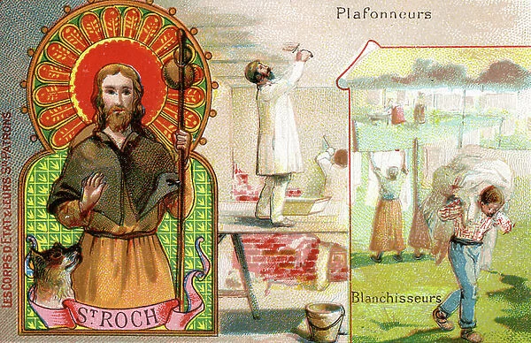 Saint Roch, Patron saint of plasterers, laundry workers and dogs, c. 1910 (colour litho)