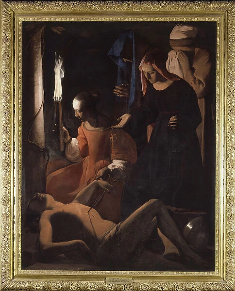 Saint Sebastian is being treated by Saint Irene. (St. Sebastian Tendered by St