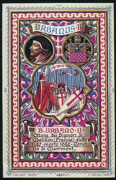 Saint Urban II (PAPA URBANO II) Pope elected in 1087 died 1099. The Council of Clermont in 1095. Pious Image, Chromolithography Rome, 1903