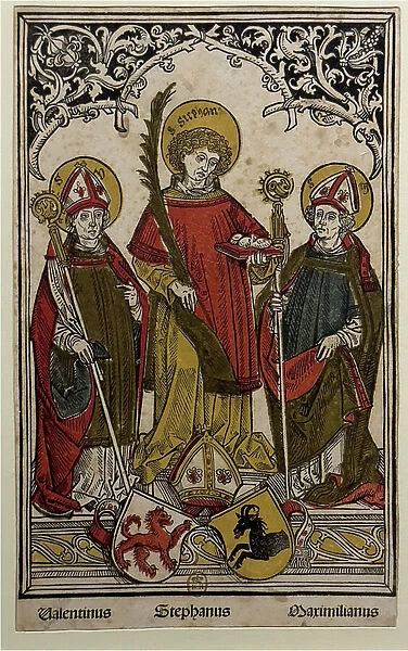 Saint Valentine, Saint Stephen and Saint Maximilie, 16th century (engraving)