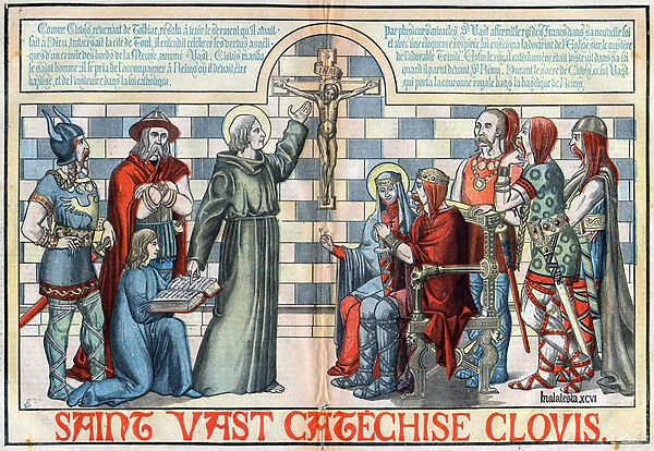 Saint Vst (Saint Vst), (or Saint Vedast or Saint Gaston) catechise Clovis I (circa 466-511), King of the Franks - Illustration of 1896 by MALATESTA (MALTESTE Henri Theodore) (1870-1920)