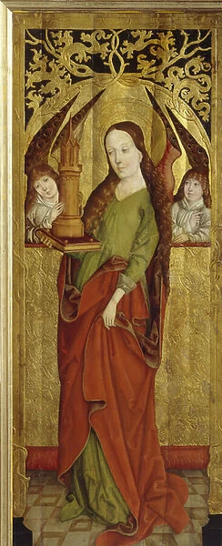 Sainte Barbe ou Barbe la Grande Martyre (IIIe siecle). (Saint Barbara). Portant sur un plateau une tour a trois fenetres. Peinture d un maitre Westphalie (actf entre 1470 et 1480), huile sur bois, vers 1470-1480