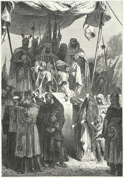 Saladin watching captured Christians pass by after his capture of Jerusalem, 1187 (engraving)