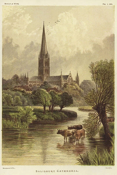 Salisbury Cathedral in Salisbury (colour litho)