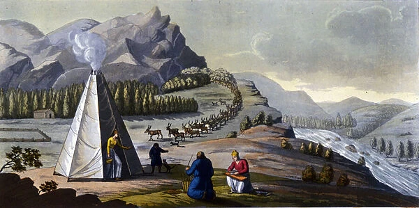Sami landscape: indigenous people living in the lands of the northern countries (Norway, Finland, Sweden and Russia) making wicker baskets, cleaning the fish near a tent. in 'The old and modern costume'by Ferrario, ed