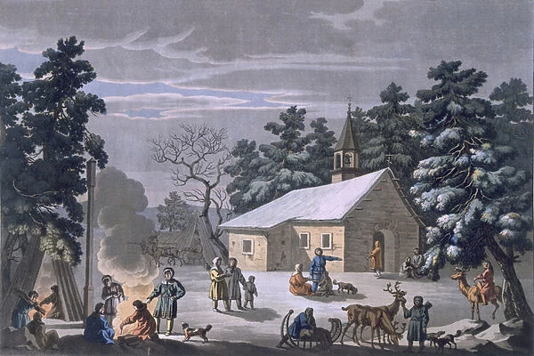 Samoyeds at a nighttime fair at Obdorsk, 1812-13 (coloured engraving)