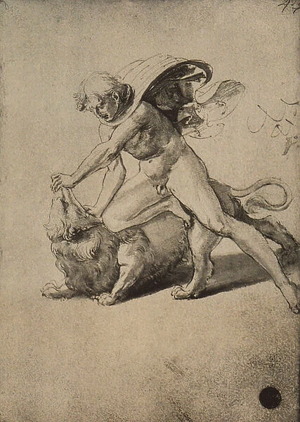 Samson fighting the lion; drawing by Raphael. Gallerie dell Accademia, Venice