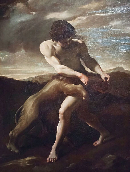 Samson killing the lion, (oil on canvas)