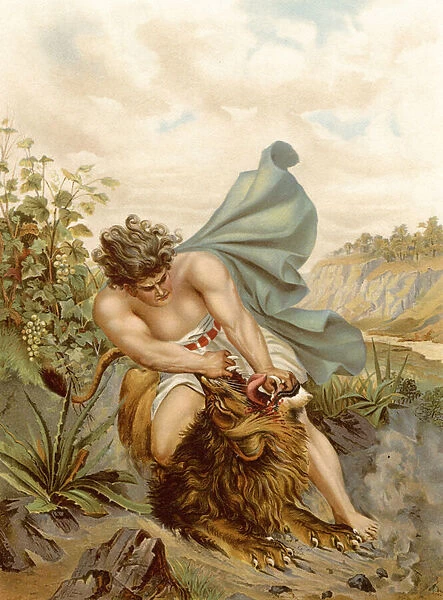 Samson kills the Lion (colour litho)