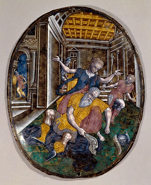 Samson loses his strength, after Delilah cuts his hair, c. 1575 (miniature)