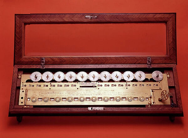 Samuel Morland's mechanical calculator in brassware and silver, 1664 (brass)
