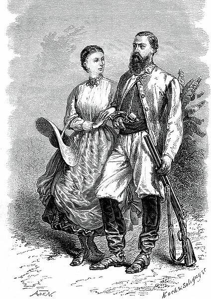 Samuel White Baker, english explorer.Travels in Africa, Lake Albert Nyanza, Upper Nile country, 1867 (engraving)