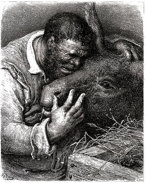 Sancho Panza cries while kissing his donkey, 1869 (engraving)