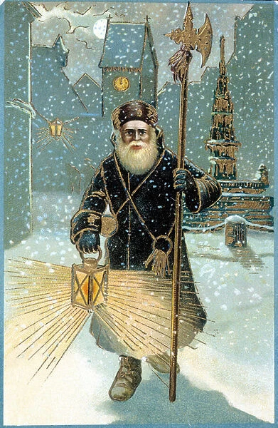 Santa Claus in the night with lantern. 19th century postcard