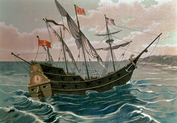 The Santa Maria Approaching the Coast of the New World in 1492, from The Discovery of America, pub. Barcelona, 1878 (litho)