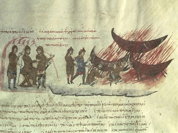 Saracens Landing in Crete, Abu Hafs orders the torching of his fleet, Fol. 39r from Chapter III of the Madrid Skylitzes (vellum)