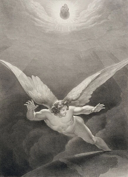 Satan leaps over the walls of Heaven, from a French edition of Paradise Lost