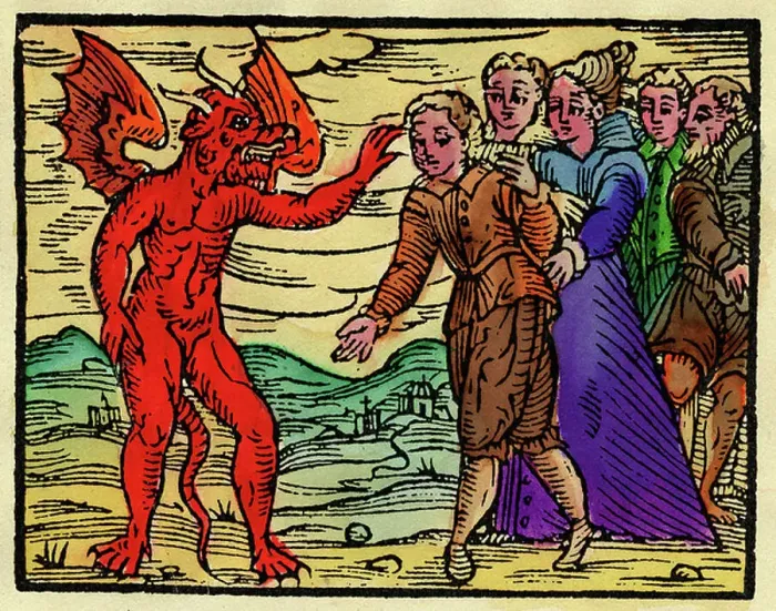 Framed Print : Satan marks the forehead of an apprentice witch, 1626 (miniature)