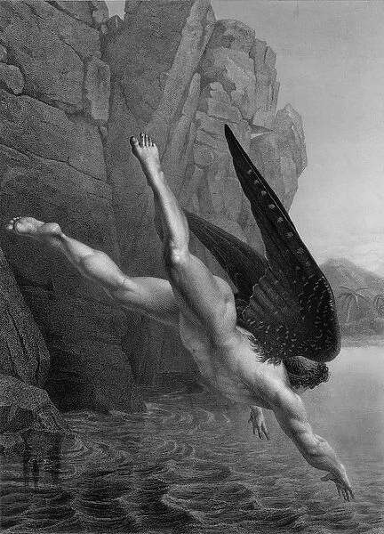 Satan plunges into the River Styx, from a French edition of Paradise Lost