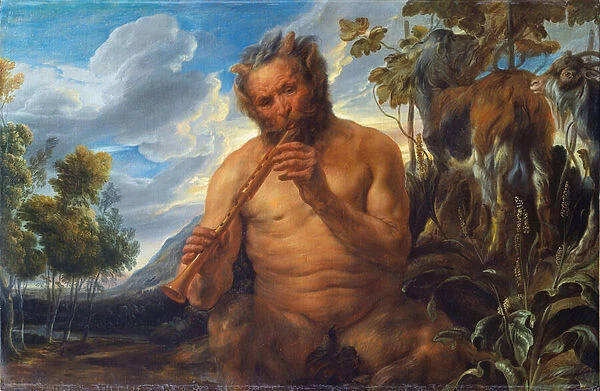 Satyre jouant de la flute (l enfance de Jupiter) - Peinture de Jacob Jordaens (1593-1678), huile sur toile, vers 1639, 99x155, 5 cm - Satyr Playing the Pipe (Jupiters Childhood)