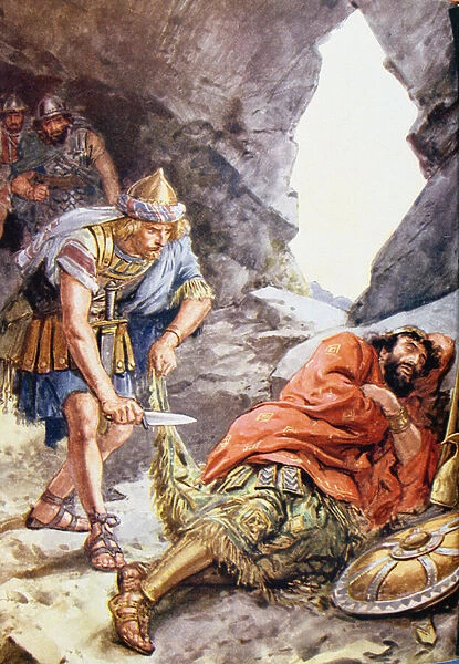 Once he saved Sauls life when he found him in a cave, sleeping illustration from Through the Bible Vintage Publishing, 1928 (colour litho)