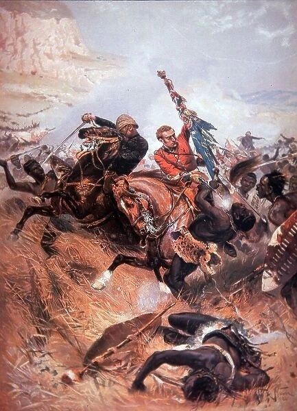Saving the Queens Colour at the Battle of Isandlwana (colour litho)