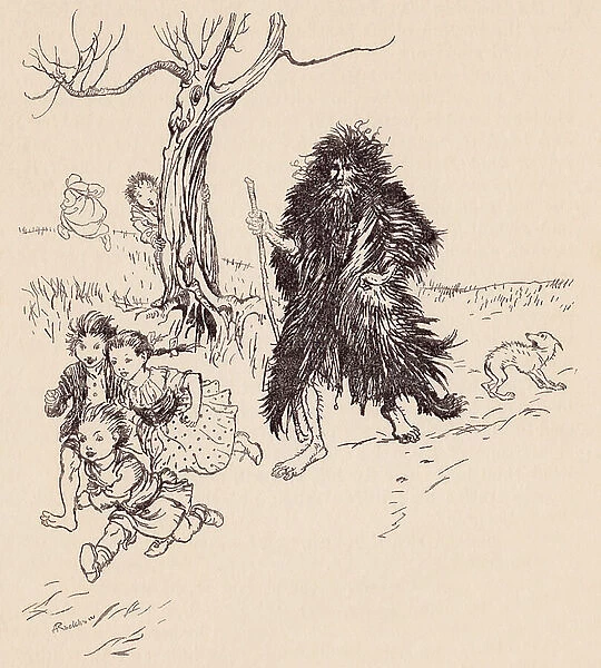 Whoever saw him, ran away. Illustration by Arthur Rackham from Grimm's Fairy Tale Bearskin
