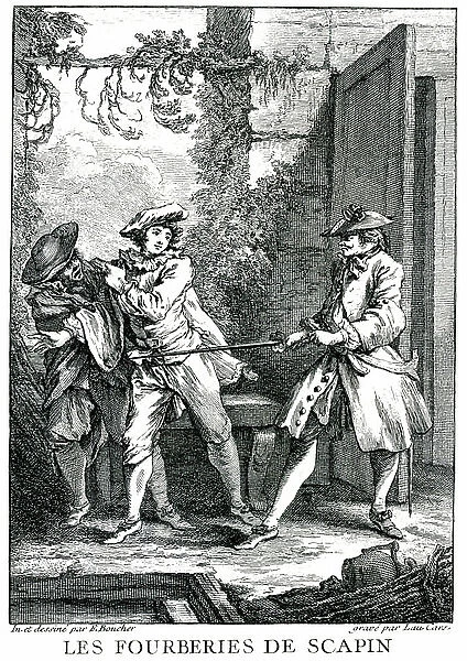 Scapin's Furries. Moliere's theatre piece, act 2. This scene is one of the most often represented in the illustrations of the work. Argante, hiding behind Scapin, attends the threats of Silvestre, who shouts with his sword