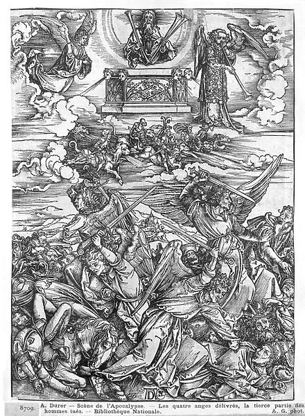 Scene from the Apocalypse, The Four Vengeful Angels, Latin edition, 1511 (woodcut) (b  /  w photo)
