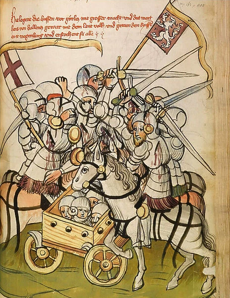 Scene de bataille pendant les croisades des catholiques contre les hussites, les partisans de Jan Hus (ou Jean Huss, 1371-1415), de 1420 a 1434 - Hussite War - Miniature de l atelier de Diebold Lauber (avant 1427-apres 1471) extraite de '